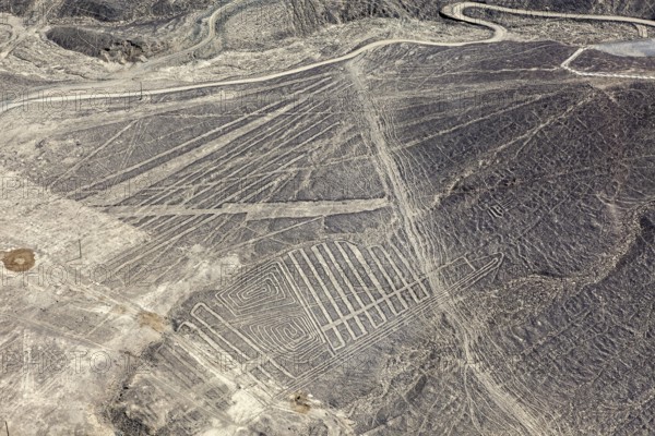 Known line formations in the Nazca Desert, viewed from above, Peru, The geoglyphs and drawings in the desert near Nasca and Palpa in Peru
