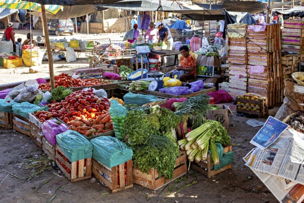Vegetable stands full of fresh produce at a busy market, The market in the streets of Nasca in Peru
