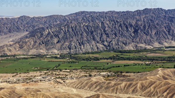 Green areas with trees and fields against a majestic mountain backdrop, the desert landscape near Nasca in Peru