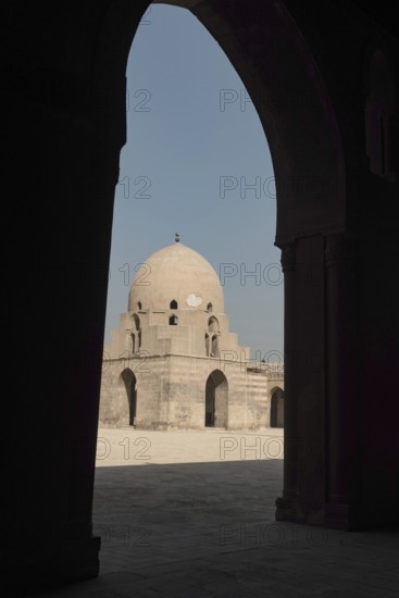 The interior architecture of the courtyard and dome of Ibn Tulin Mosque in Cairo, one of the oldest mosques in Egypt