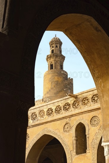 Islamic designed architecture and spiral Tulunid Dynasty Minaret of Ibn Tulin Mosque in Cairo, one of the oldest mosques in Egypt