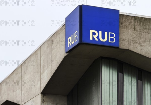 Ruhr-Universität Bochum, abbreviated RUB, with the logo on a university building, Bochum, North Rhine-Westphalia, Ruhr region, Germany