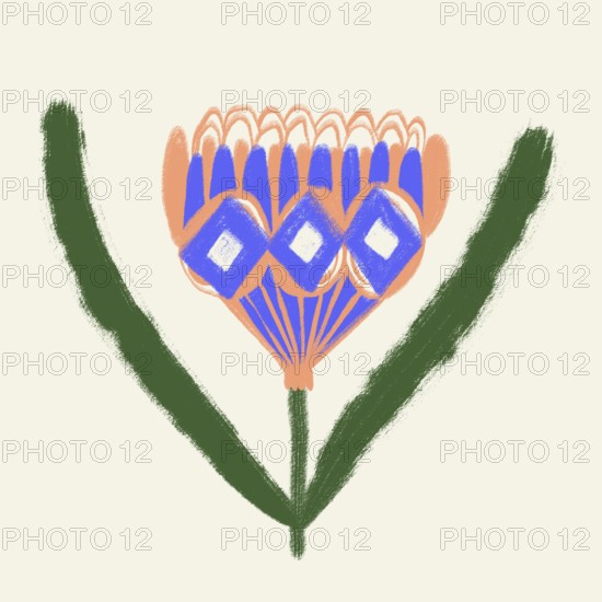 A vibrant digital illustration depicting a stylized spring flower with orange and blue petals, set against a muted green background