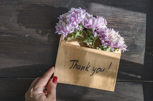 A hand holds a brown envelope with Thank you written on it, containing delicate pink chrysanthemums The flowers and words create an autumnal gratitude theme