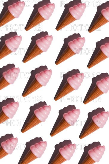 A repeating pattern of pink plastic ice cream cones on a white background symbolizes the artificiality of junk food and critiques the culture of unhealthy diets and consumption