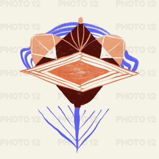 A unique illustration featuring a vibrant, organic geometric composition. Central elements include overlapping shapes and lines in a palette of orange, blue, and brown, creating a sense of dynamic movement and depth