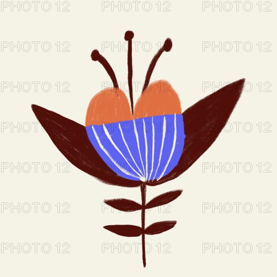 A vividly colored illustration of a stylized spring flower with orange and blue petals, set against a minimalist cream background