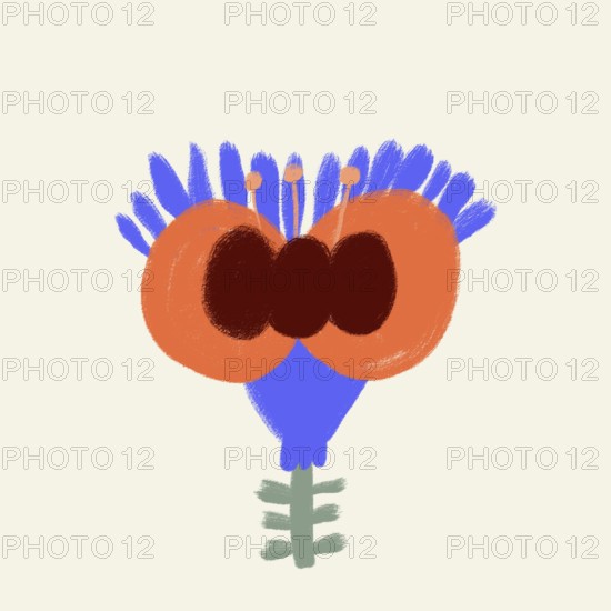 A vibrant and abstract illustration of a spring flower, featuring bold orange and blue hues with textured brush strokes