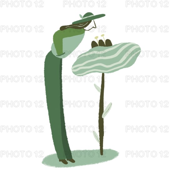 A minimalist illustration of a figure with a hat interacting with a large, abstract green flower The simple color palette emphasizes harmony and nature, creating a serene atmosphere