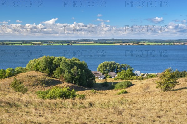 Hilly landscape in the Zicker Mountains, including Zicker Alps, view over the lagoon landscape, in front the village of Gager, Mönchgut nature reserve, Gross Zicker, Mönchgut peninsula, Rügen island, Mecklenburg-Western Pomerania, Germany