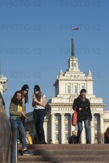 Sofia, Bulgaria, June 4th 2019 Young Bulgarian people in front of the former Communist Party Building, Sofia, Bulgaria