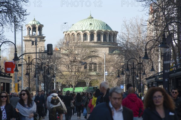 Sofia, Bulgaria, April 1st 2019. Sveta Nedelya Church and Vitousha Blvd, Sofia City Center, Bulgaria