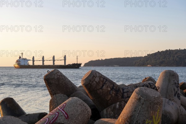 Varna, Bulgaria. September 6th 2020 The Despina Angel bulk carrier ship entering the Black Sea port of Burgas on the Black Sea coast at dawn