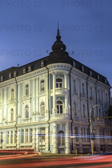 Varna, Bulgaria. September 7th 2020 The Navy Club building opposite the Theotokos Cathedral at night is one of the most iconic landmarks of the Bulgarian Black Sea city of Varna