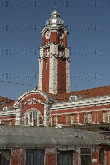 Burgas, Bulgaria, September 7th 2020 The clock tower of Burgas city central railway train station, Bulgaria