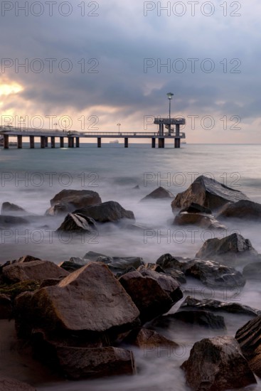 Burgas, Bulgaria, September 25th 2020 Sunrise over the Pier at the Sea Garden in the Bulgarian city of Burgas on the Black Sea coast
