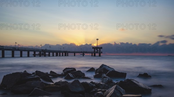 A beautiful sunrise over the pier at Burgas on the Black Sea coast of Bulgaria