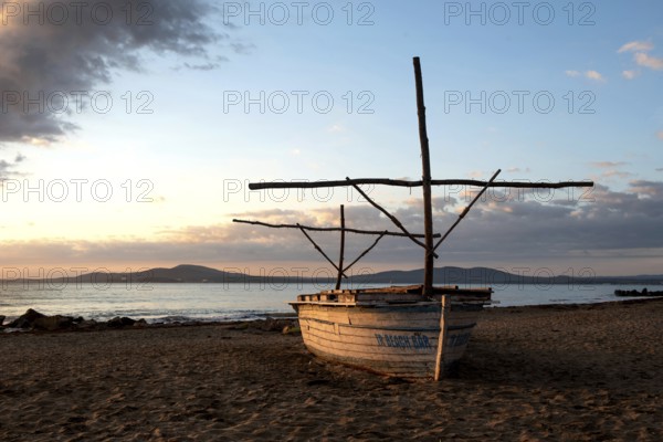 Burgas, Bulgaria, September 25th 2020 Empty beach at sunrise beside the pier in Burgas on the Black Sea coast of Bulgaria