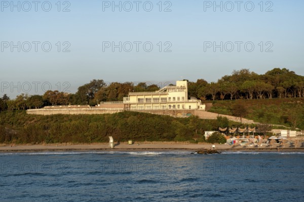 Burgas, Bulgaria. September 9th 2020 The iconic architecture of the Bugas Sea Casino building now a culture centre overlooking the pier on the Black Sea coast of Burgas in Bulgaria