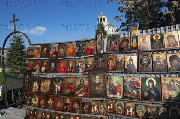 Sofia, Bulgaria, March 30th 2019. Religious Icons for sale at a flea market near Alexander Nevski Cathedral, Sofia, Bulgaria