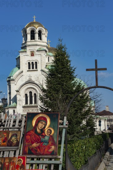 Sofia, Bulgaria, March 30th 2019. Religious Icons for sale at a flea market near Alexander Nevski Cathedral, Sofia, Bulgaria