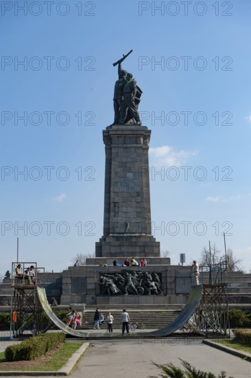 Sofia, Bulgaria. March 30th 2019 Young Bulgarians Skateboarding beside the Monument to the Soviet Army, Sofia, Bulgaria