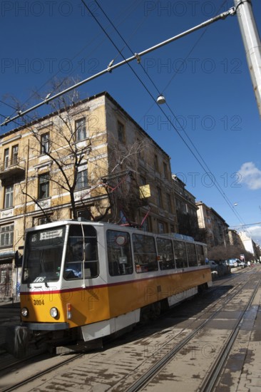 Sofia, Bulgaria. March 7th 2018. A Bulgarian tram in downtown Sofia, Bulgaria