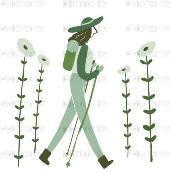 Illustration of a woman in green attire hiking beside tall green flowers The minimalist design captures nature and adventure in soothing shades of green