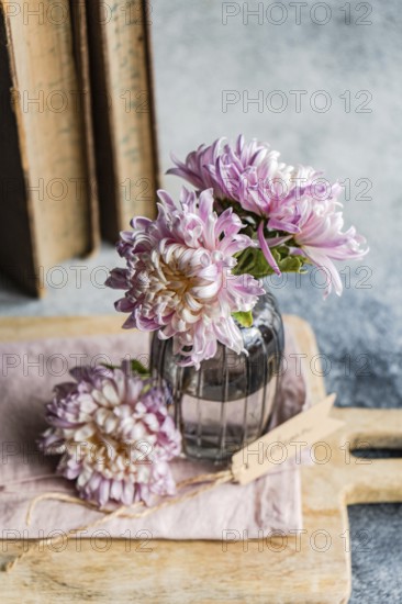 Delicate pink and white chrysanthemums in a glass vase evoke autumnal charm Set against rustic books, this composition captures a warm, nostalgic essence
