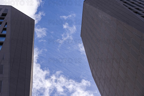 Contrasting modern skyscrapers stretch towards a blue sky dotted with white clouds, showcasing sleek lines and reflective surfaces in an urban landscape