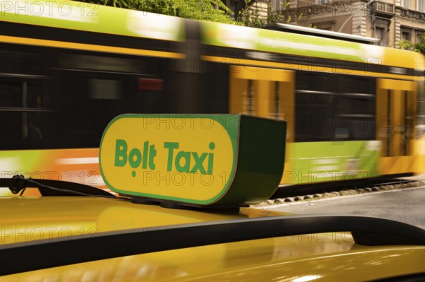 Budapest, Hungary. October 1st 2023 Sign for Bolt, an Estonian ride-hailing taxi company in central Budapest, Hungary