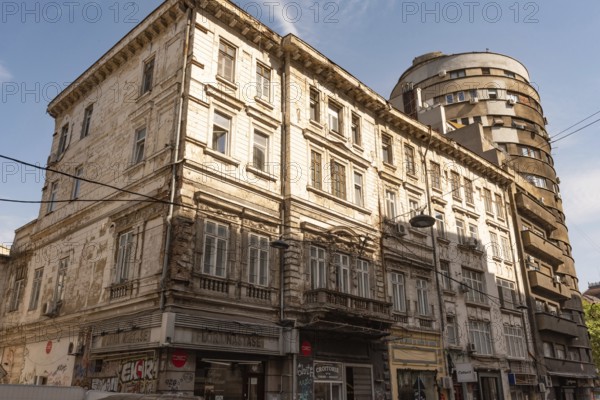 Bucharest, Romania. October 29th 2023. Mixed styles of faded architecture of the historical Old town of Bucharest, Romania