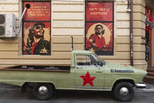 Bucharest, Romania. October 29th 2023. A Soviet era car with Che Guevara insignia parked outside a popular nightclub in the Old Town of the Romanian Capital, Bucharest, Romania