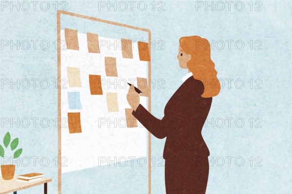 A professional woman stands in front of a message board covered with colorful notes She holds a pen, contemplating her ideas in a bright office environment during the daytime
