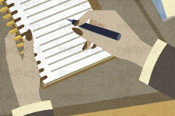 A person writes in a notebook using a pen, focusing intently on the task The setting is a workspace, highlighting a productive moment during the day