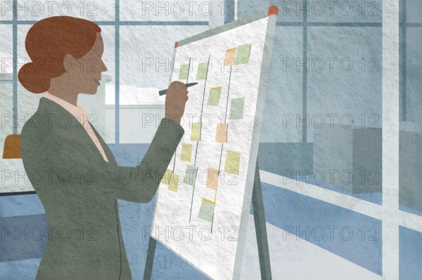 A business professional is writing on a flip chart in a bright office space She is illustrating concepts with colorful markers, engaging in a collaborative discussion