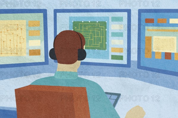 A business professional is focused on analyzing data displayed on three monitors The environment is an organized office, emphasizing technology and concentration