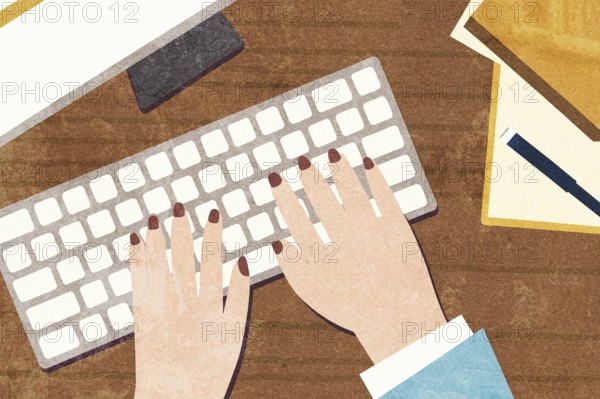 A creative illustration of hands with painted nails typing on a white keyboard, set on a wooden desk with office accessories Perfect for business, productivity, or remote work themes