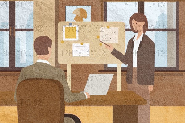 Two professionals engage in a discussion within a modern office One outlines ideas on a presentation board while the other observes closely from a computer desk, emphasizing collaboration