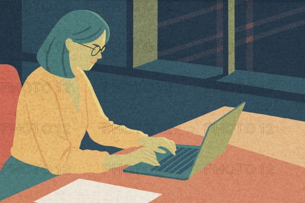 A business professional is focused on tasks at a laptop in a contemporary office The setting is illuminated by city lights outside, creating a productive late-night atmosphere