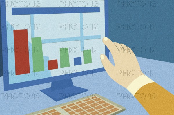 A hand interacts with a computer screen displaying colorful bar graphs and line charts, representing data analysis The workspace is simple with a keyboard nearby, indicating business operations