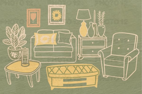 A stylish illustration depicting a cozy living room with a sofa, chair, coffee table, and decorative plants. The warm colors enhance the inviting atmosphere of the space