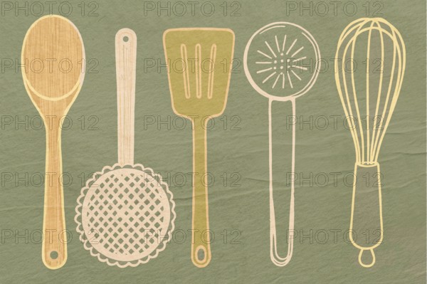 Different kitchen utensils are displayed including a wooden spoon, spatula, strainer, and whisk. Their simple designs highlight their functionality in cooking