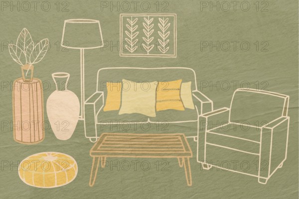 This artwork features a cozy living room with a sofa, plant, and accessories, all designed in a minimalist style. Soft colors highlight the inviting atmosphere