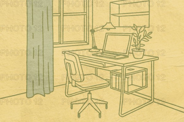 A cozy workspace is illustrated with a desk, chair, and laptop near a window. A plant and lamp enhance the inviting atmosphere of the home office