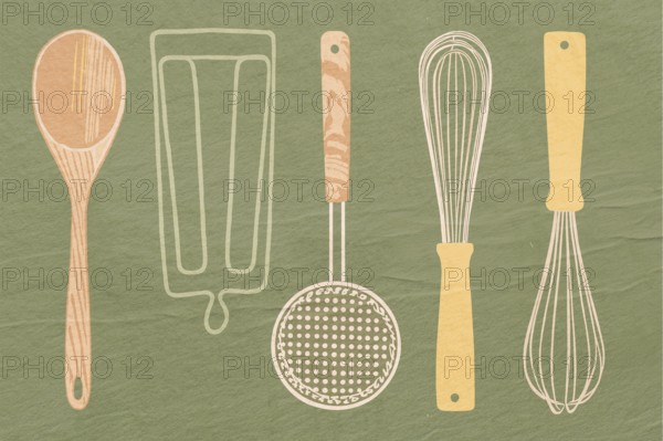 A colorful illustration featuring a variety of kitchen utensils including a wooden spoon, rolling pin, whisker, spatula, and slotted spoon set against a textured green background