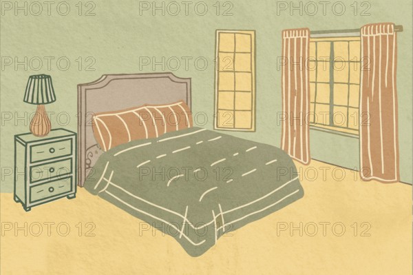 A cozy bedroom featuring a comfortable bed, a bedside lamp, and large windows. The warm color palette creates an inviting atmosphere