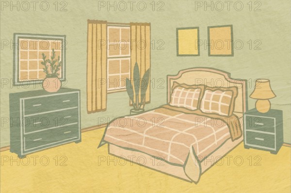 An inviting bedroom showcasing colorful vintage-style decors such as a classic bed, green dresser, and lush plants. Ideal for a warm, nostalgic homey feel