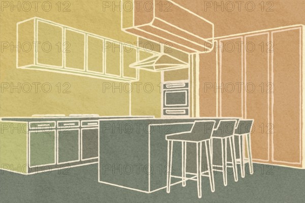 This illustration features a sleek kitchen layout with an island, stools, cabinets, and cooking appliances set against a soft, colorful background