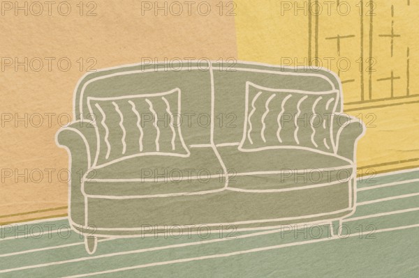 This illustration presents a cozy home environment, showcasing a chic sofa with decorative cushions, set against vibrant wall colors and a warm floor